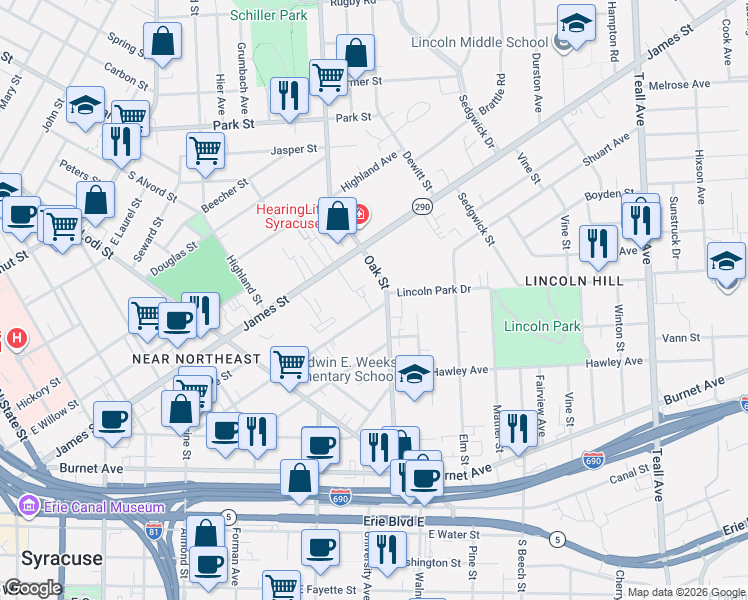 map of restaurants, bars, coffee shops, grocery stores, and more near 365 Green Street in Syracuse