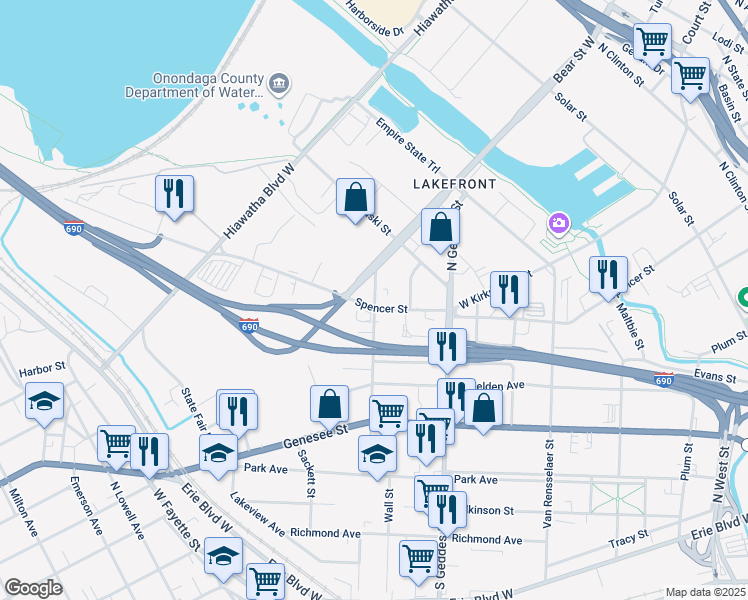 map of restaurants, bars, coffee shops, grocery stores, and more near 519 Liberty Street in Syracuse