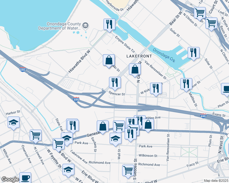 map of restaurants, bars, coffee shops, grocery stores, and more near 519 Liberty Street in Syracuse