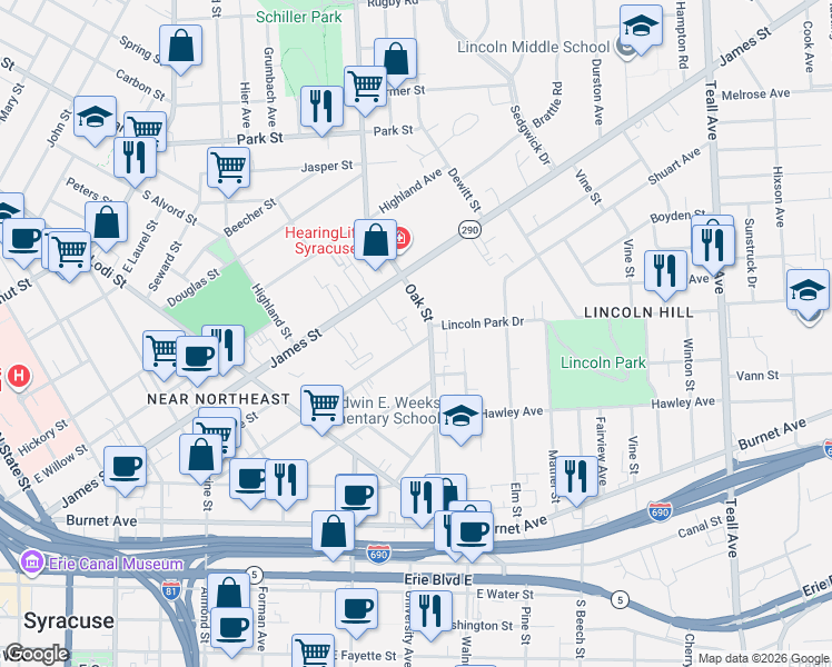 map of restaurants, bars, coffee shops, grocery stores, and more near 365 Green Street in Syracuse