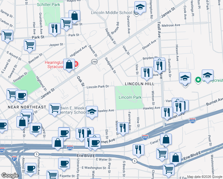 map of restaurants, bars, coffee shops, grocery stores, and more near 210 Lincoln Park Drive in Syracuse