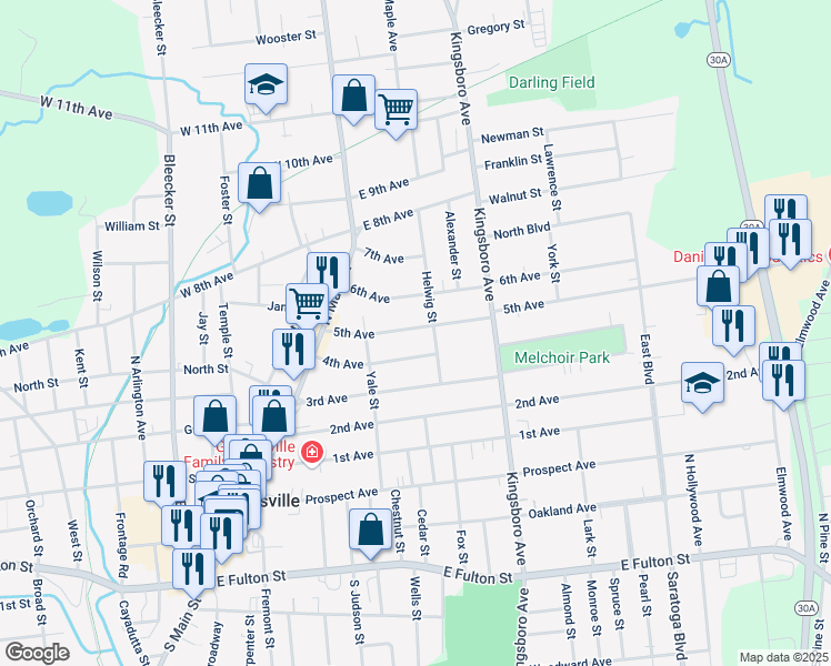 map of restaurants, bars, coffee shops, grocery stores, and more near 21 Helwig Street in Gloversville