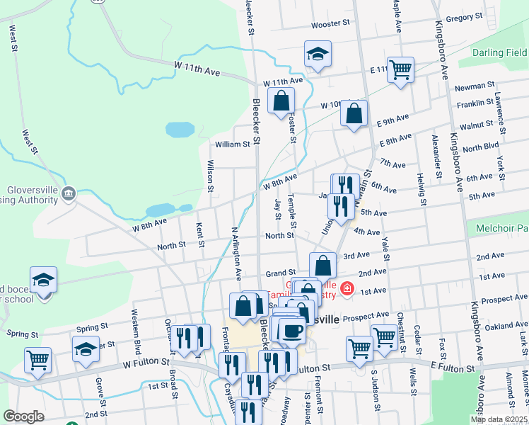 map of restaurants, bars, coffee shops, grocery stores, and more near 15 Jay Street in Gloversville