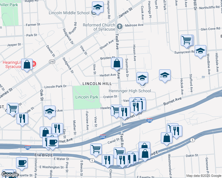 map of restaurants, bars, coffee shops, grocery stores, and more near 532 Winton Street in Syracuse