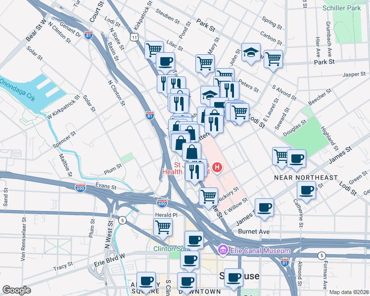 map of restaurants, bars, coffee shops, grocery stores, and more near 476 North Salina Street in Syracuse