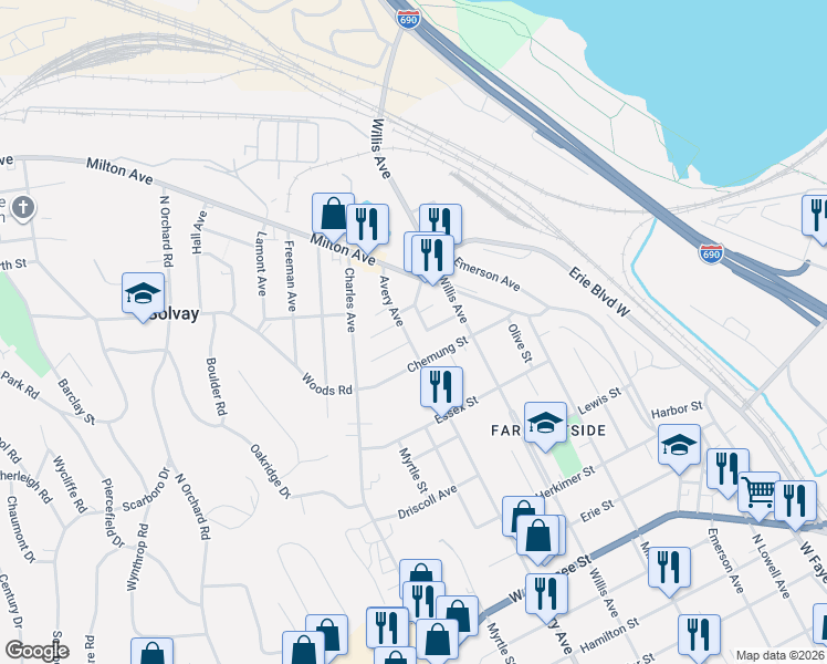map of restaurants, bars, coffee shops, grocery stores, and more near 1129 Avery Avenue in Syracuse