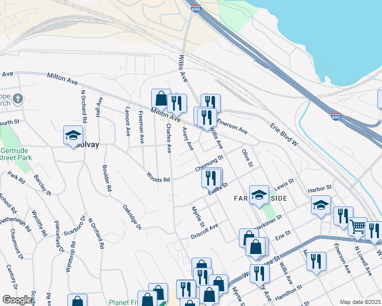 map of restaurants, bars, coffee shops, grocery stores, and more near 1129 Avery Avenue in Syracuse