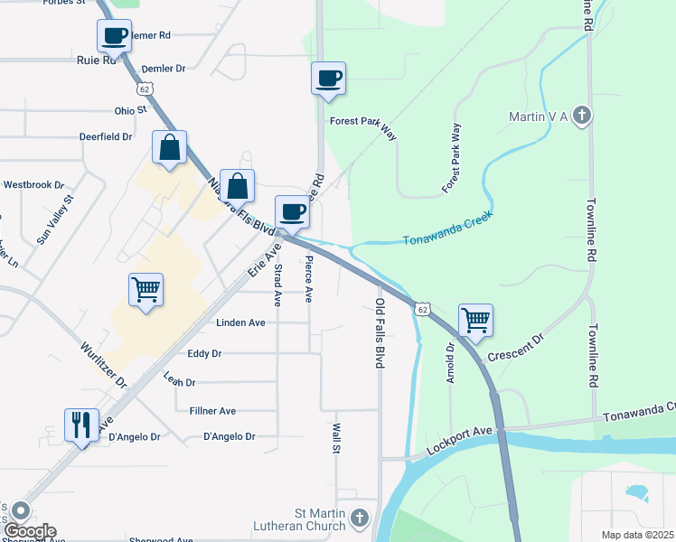 map of restaurants, bars, coffee shops, grocery stores, and more near 672 Niagara Falls Boulevard in North Tonawanda
