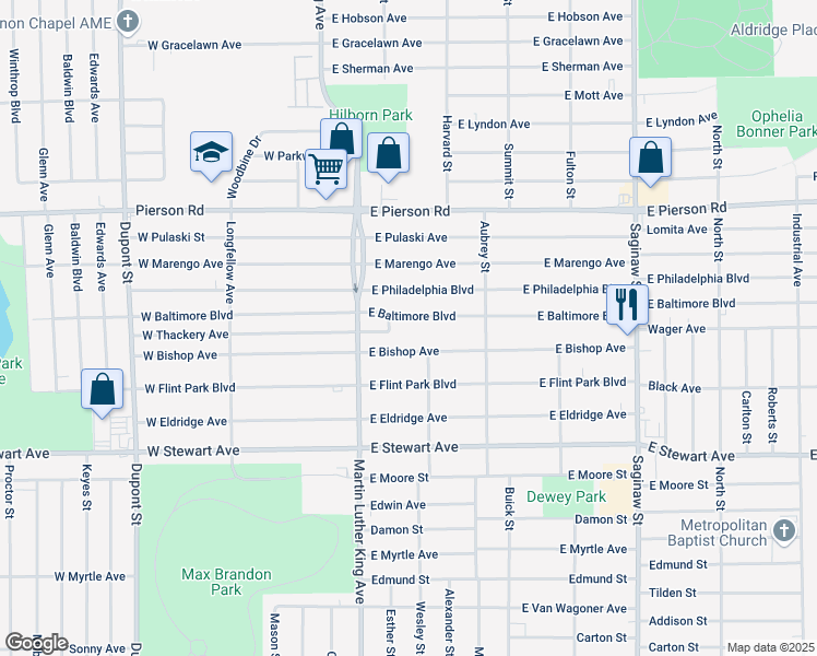 map of restaurants, bars, coffee shops, grocery stores, and more near 136 East Baltimore Boulevard in Flint