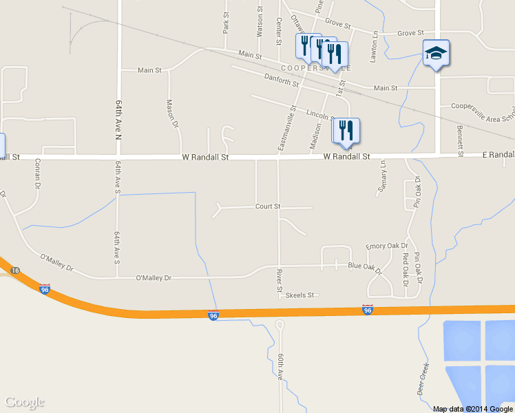 map of restaurants, bars, coffee shops, grocery stores, and more near 444 Court Street in Coopersville