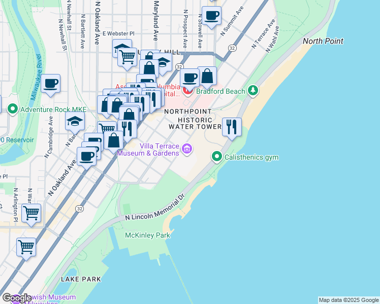 map of restaurants, bars, coffee shops, grocery stores, and more near 2220 North Terrace Avenue in Milwaukee
