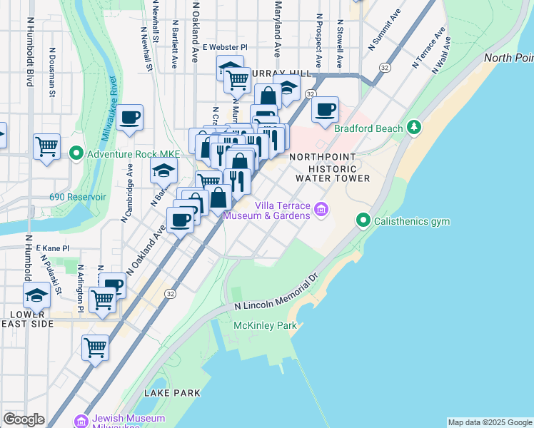 map of restaurants, bars, coffee shops, grocery stores, and more near 2135 North Lake Drive in Milwaukee