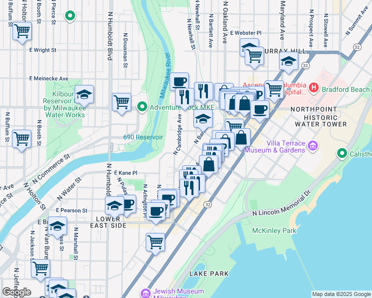 map of restaurants, bars, coffee shops, grocery stores, and more near 1950-1956 North Bartlett Avenue in Milwaukee