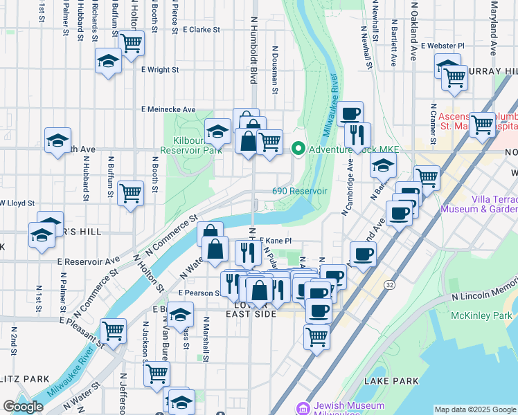 map of restaurants, bars, coffee shops, grocery stores, and more near 2134 North Riverboat Road in Milwaukee