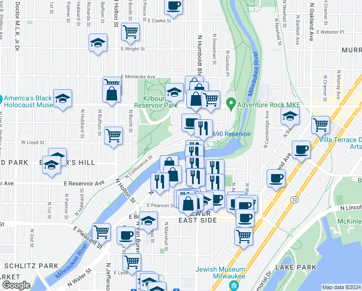 map of restaurants, bars, coffee shops, grocery stores, and more near 2023 North Commerce Street in Milwaukee