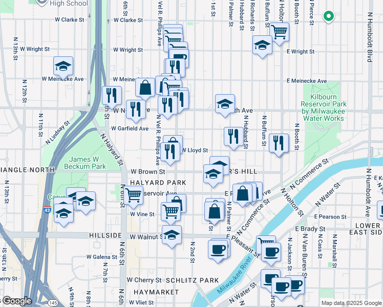 map of restaurants, bars, coffee shops, grocery stores, and more near 217 West Lloyd Street in Milwaukee