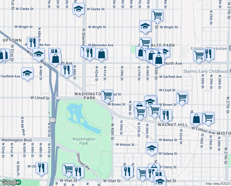 map of restaurants, bars, coffee shops, grocery stores, and more near 3920 West Lloyd Street in Milwaukee