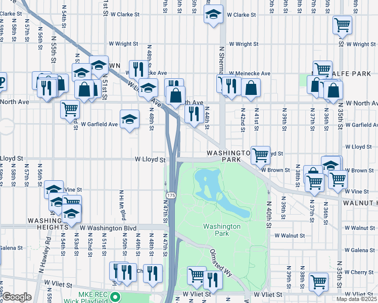 map of restaurants, bars, coffee shops, grocery stores, and more near 4512 West Lloyd Street in Milwaukee