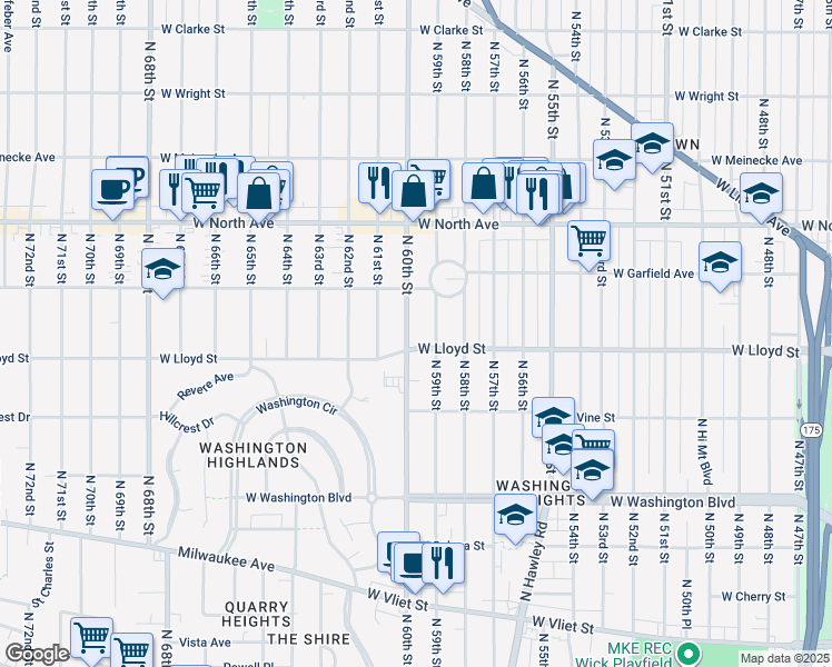 map of restaurants, bars, coffee shops, grocery stores, and more near 2111 North 59th Street in Milwaukee