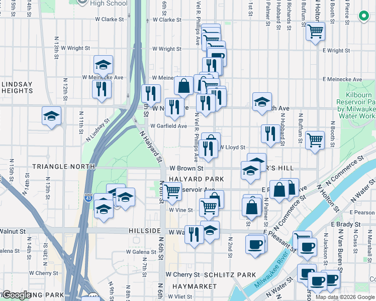 map of restaurants, bars, coffee shops, grocery stores, and more near 421 West Lloyd Street in Milwaukee