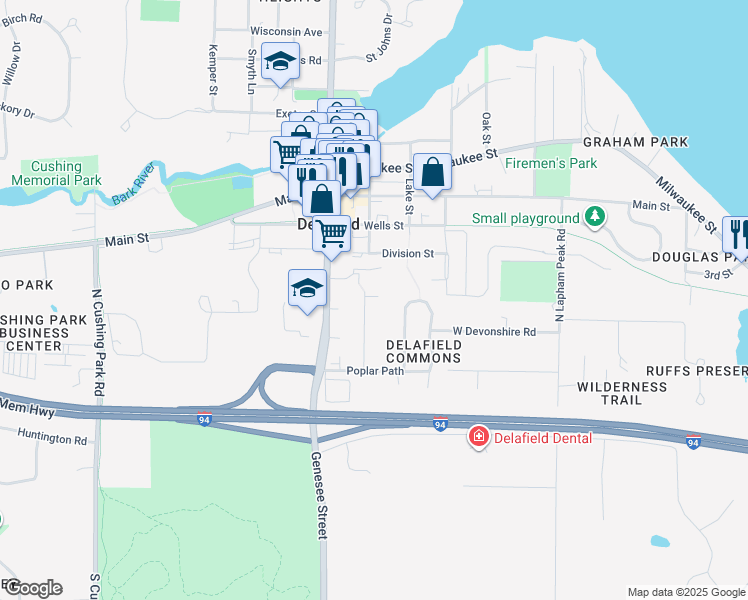 map of restaurants, bars, coffee shops, grocery stores, and more near 390 Oneida in Delafield