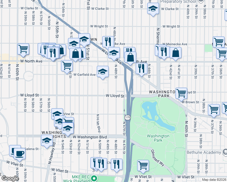 map of restaurants, bars, coffee shops, grocery stores, and more near 2119 North 48th Street in Milwaukee