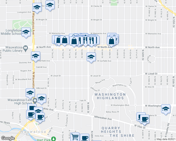map of restaurants, bars, coffee shops, grocery stores, and more near 2133 N 68th St in Wauwatosa