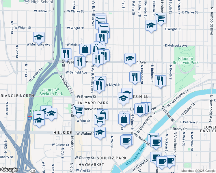 map of restaurants, bars, coffee shops, grocery stores, and more near 217 West Lloyd Street in Milwaukee