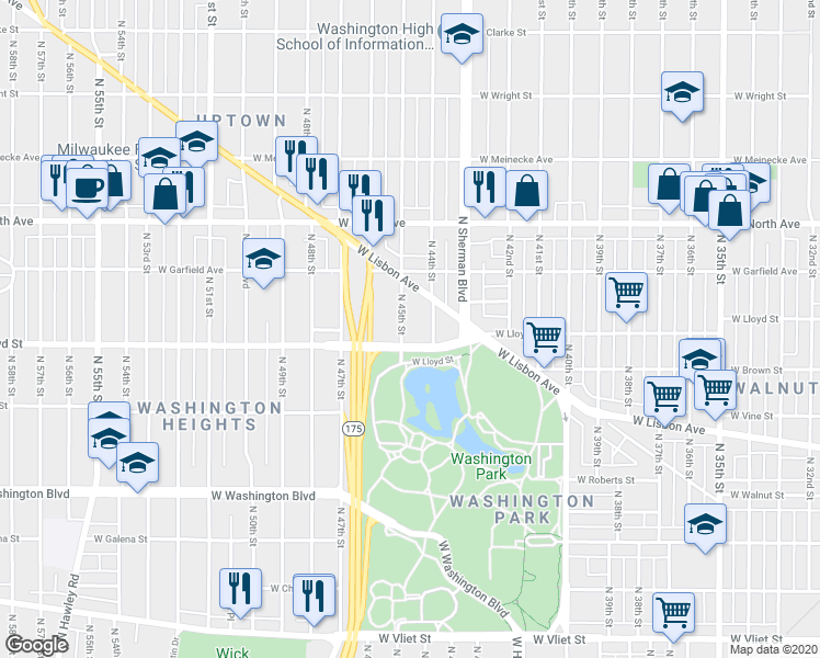 map of restaurants, bars, coffee shops, grocery stores, and more near 2118 North 45th Street in Milwaukee