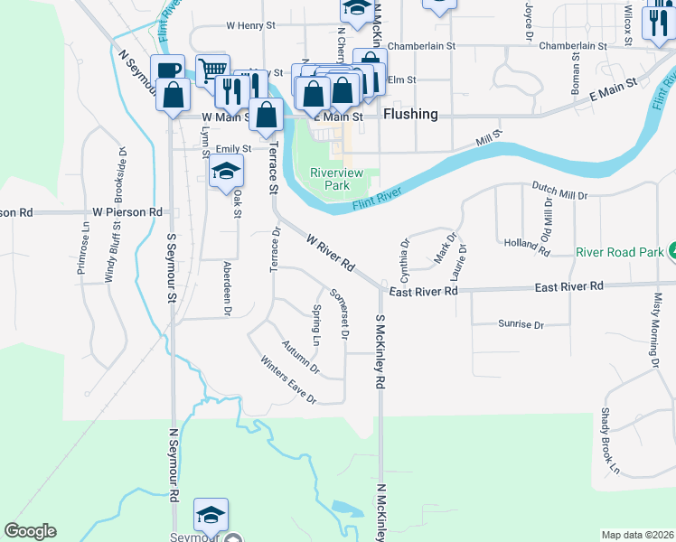 map of restaurants, bars, coffee shops, grocery stores, and more near 380 W River Rd in Flushing
