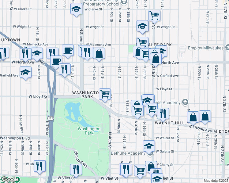map of restaurants, bars, coffee shops, grocery stores, and more near 3920 West Lloyd Street in Milwaukee
