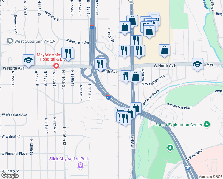 map of restaurants, bars, coffee shops, grocery stores, and more near 11121 West North Avenue in Milwaukee