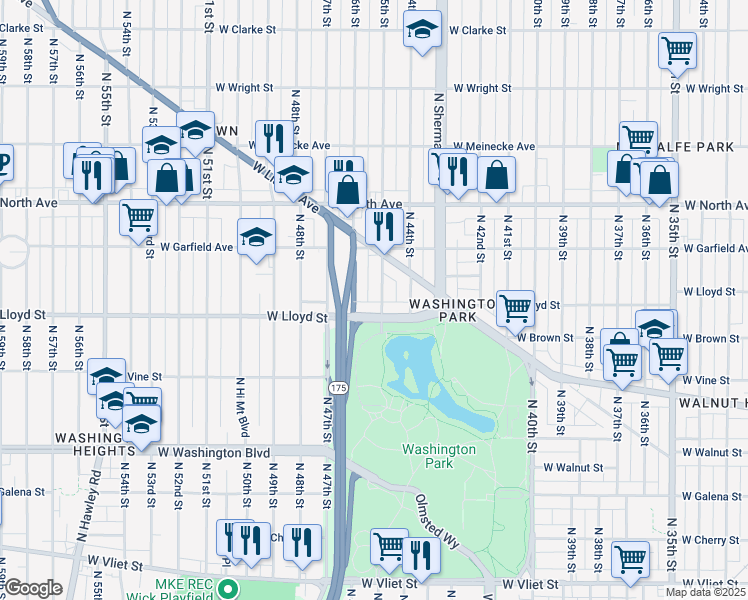 map of restaurants, bars, coffee shops, grocery stores, and more near 4512 West Lloyd Street in Milwaukee