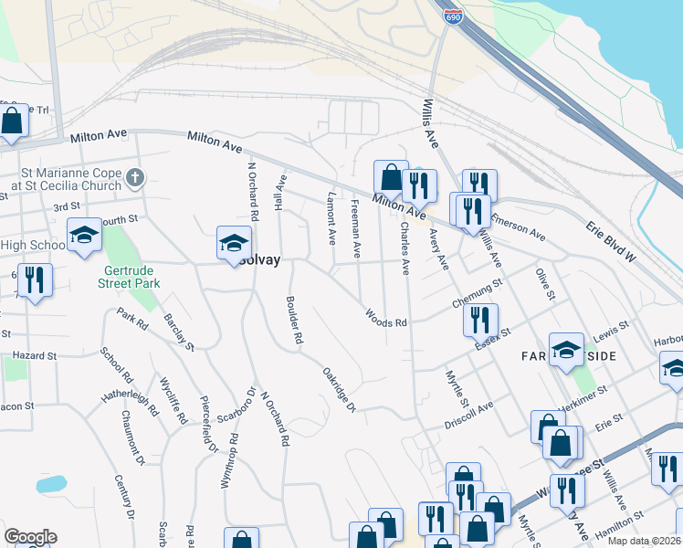 map of restaurants, bars, coffee shops, grocery stores, and more near 206 Freeman Avenue in Solvay
