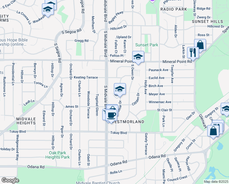 map of restaurants, bars, coffee shops, grocery stores, and more near 502 Caromar Drive in Madison