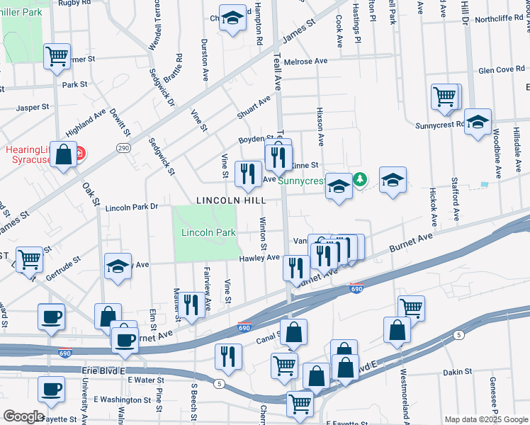 map of restaurants, bars, coffee shops, grocery stores, and more near 532 Winton Street in Syracuse