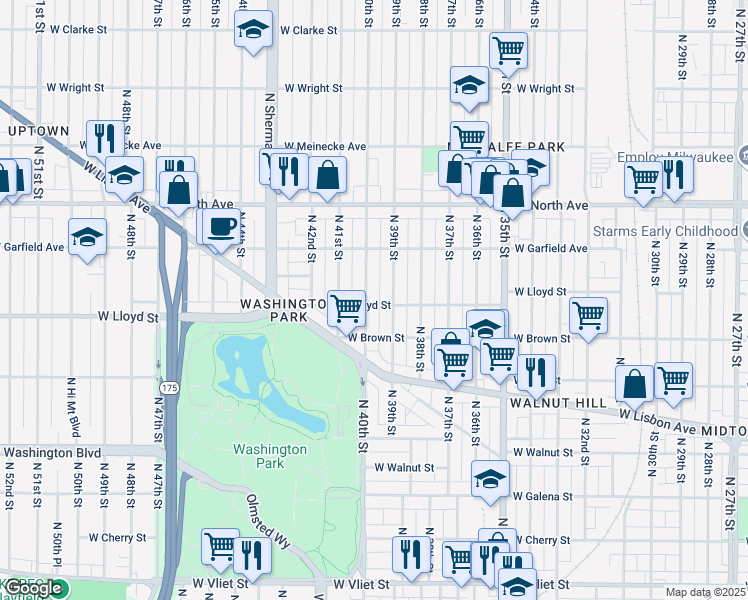 map of restaurants, bars, coffee shops, grocery stores, and more near 3920 West Lloyd Street in Milwaukee
