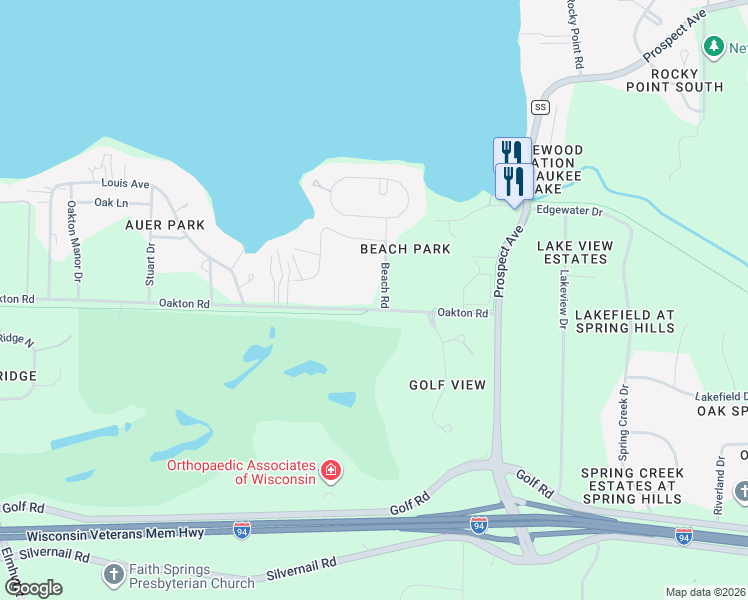 map of restaurants, bars, coffee shops, grocery stores, and more near N20W28282 Oakton Road in Pewaukee
