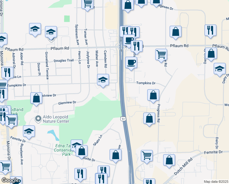map of restaurants, bars, coffee shops, grocery stores, and more near 1317 Tompkins Drive in Madison