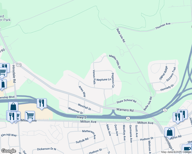 map of restaurants, bars, coffee shops, grocery stores, and more near 3777 Neptune Ln in Syracuse