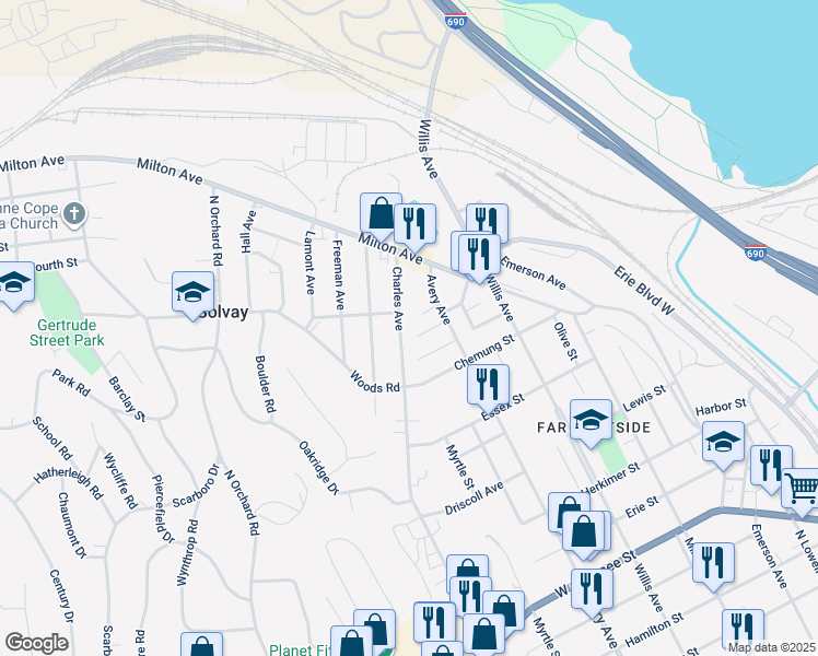 map of restaurants, bars, coffee shops, grocery stores, and more near 207 Charles Avenue in Syracuse