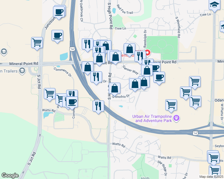 map of restaurants, bars, coffee shops, grocery stores, and more near 485 South High Point Road in Madison