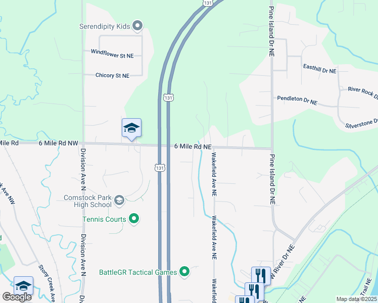 map of restaurants, bars, coffee shops, grocery stores, and more near 5183 Pleasant Creek Avenue Northeast in Comstock Park