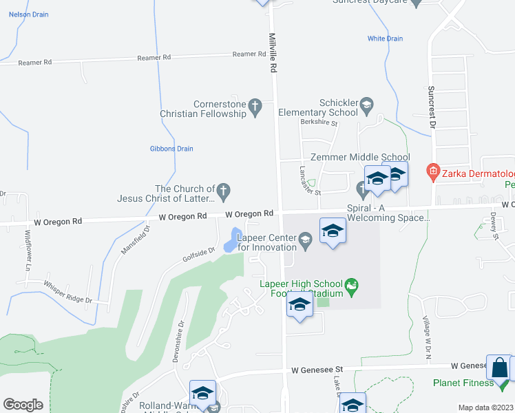 map of restaurants, bars, coffee shops, grocery stores, and more near 3034 West Oregon Road in Lapeer