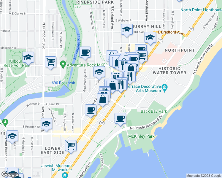 map of restaurants, bars, coffee shops, grocery stores, and more near 2037 North Farwell Avenue in Milwaukee