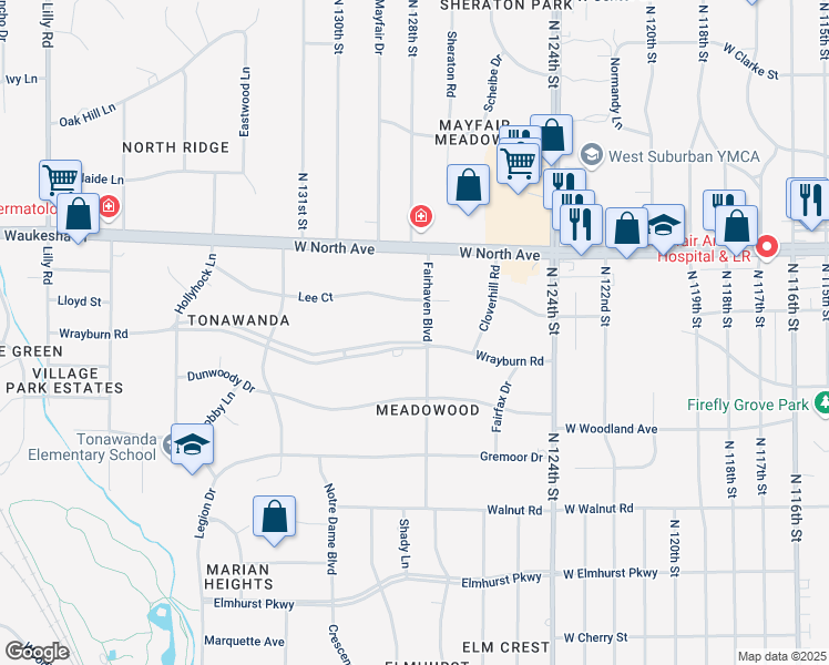 map of restaurants, bars, coffee shops, grocery stores, and more near 12800 Wrayburn Rd in Elm Grove