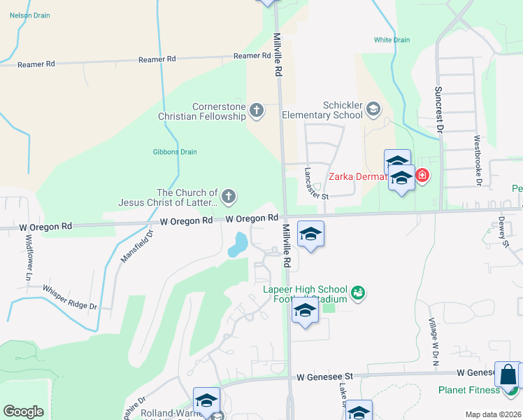 map of restaurants, bars, coffee shops, grocery stores, and more near 3034 West Oregon Road in Lapeer