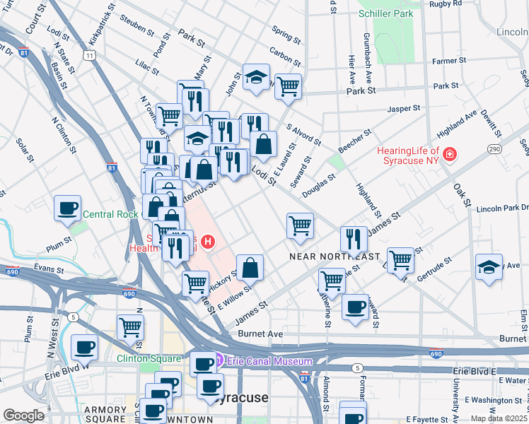 map of restaurants, bars, coffee shops, grocery stores, and more near 631 Catherine Street in Syracuse