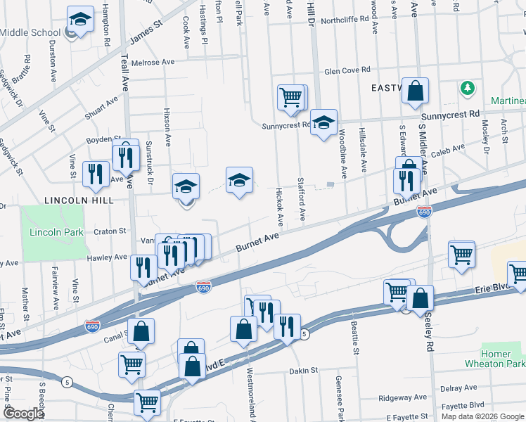 map of restaurants, bars, coffee shops, grocery stores, and more near 421 Vann Street in Syracuse
