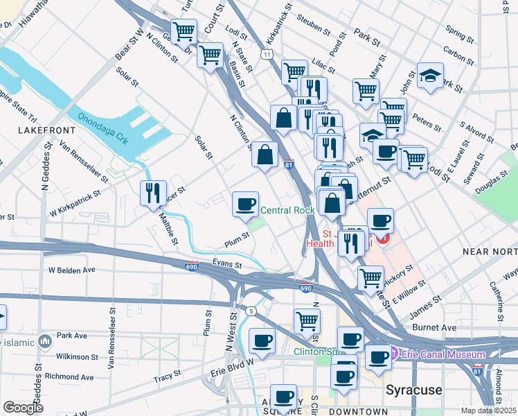 map of restaurants, bars, coffee shops, grocery stores, and more near 1 Dupli Park Drive in Syracuse